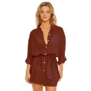 BECCA by Rebecca Virtue Button Front Collared Shirtdress Cover-Up Brown LG